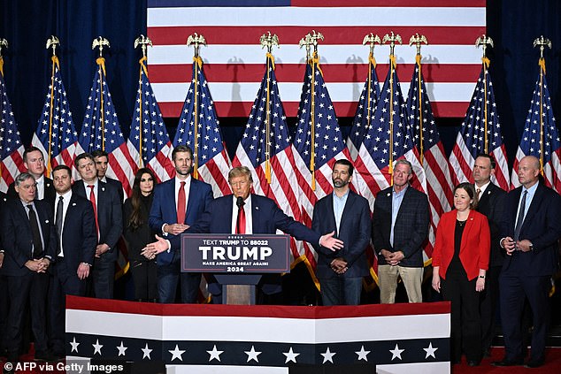 Former US President and Republican presidential hopeful Donald Trump speaks at a watch party during the 2024 Iowa Republican presidential caucuses in Des Moines, Iowa