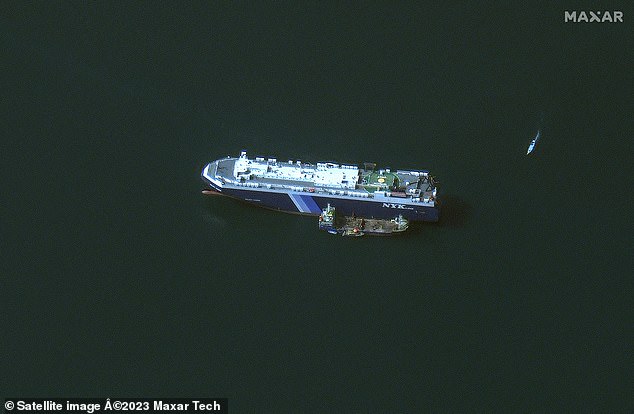 This distributed satellite photo, released by Maxar Technologies on November 28, 2023, shows the seized Israeli-affiliated Galaxy Leader ship