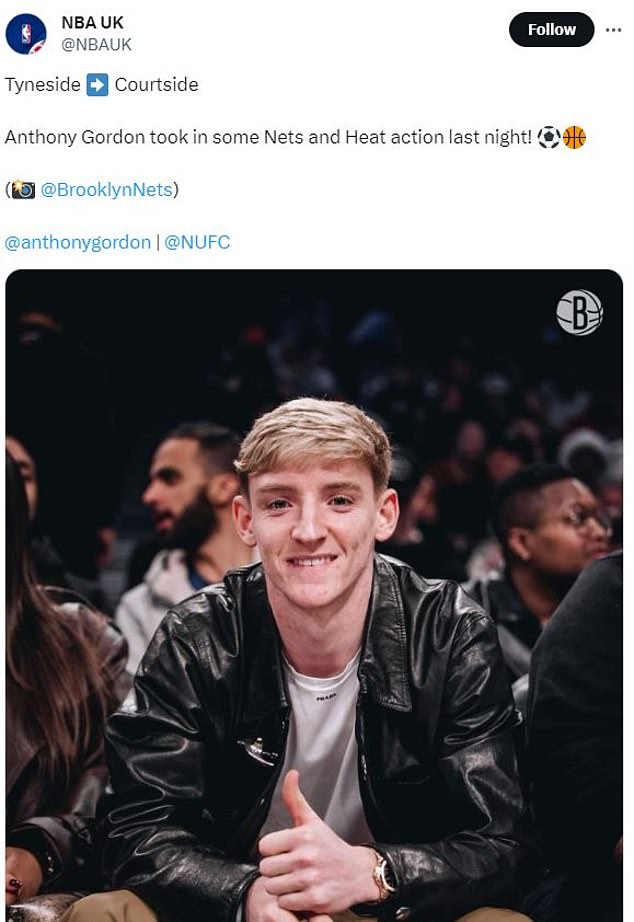 Anthony Gordon flew to New York on Monday night to attend a Brooklyn Nets game