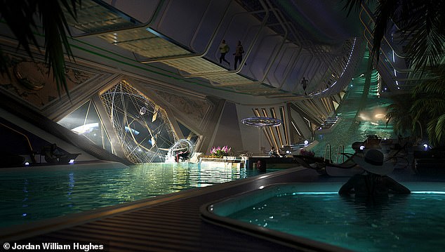 Mr Hughes' designs showcase a luxurious vision of space travel with swimming pools offering sweeping views of Earth