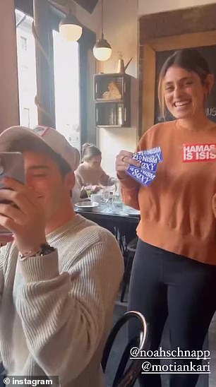 In the video shared to Instagram in November, the 19-year-old Will Byers actor, who is Jewish, is seen laughing as he sits among friends showing off the stickers - which also read 