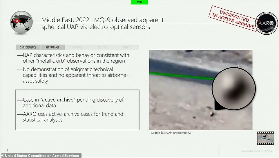 Then AARO director Dr.  Sean Kirkpatrick showed video of an 'unsolved' case in the Middle East where a drone picked up a 'metal sphere'