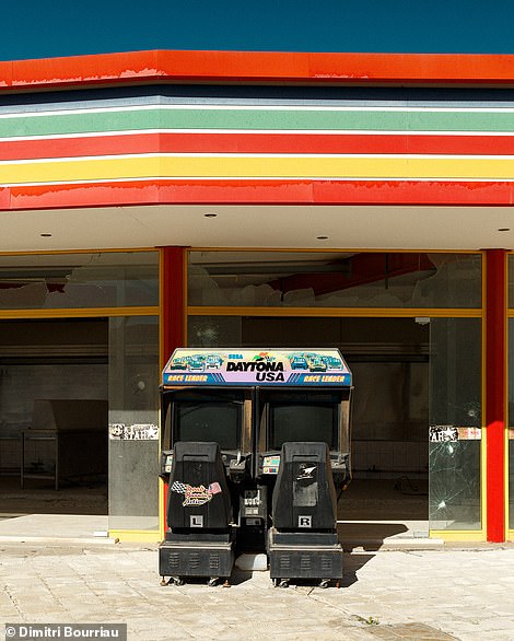 This image shows an abandoned arcade game from Daytona USA and is Dimitri's favorite from the collection because it is 