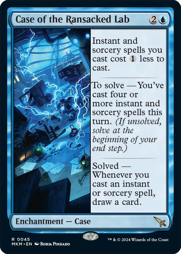 The case of the Ransacked Lab is another enchantment, which gives the resolver the ability to draw a card when using an instant or sorcery.