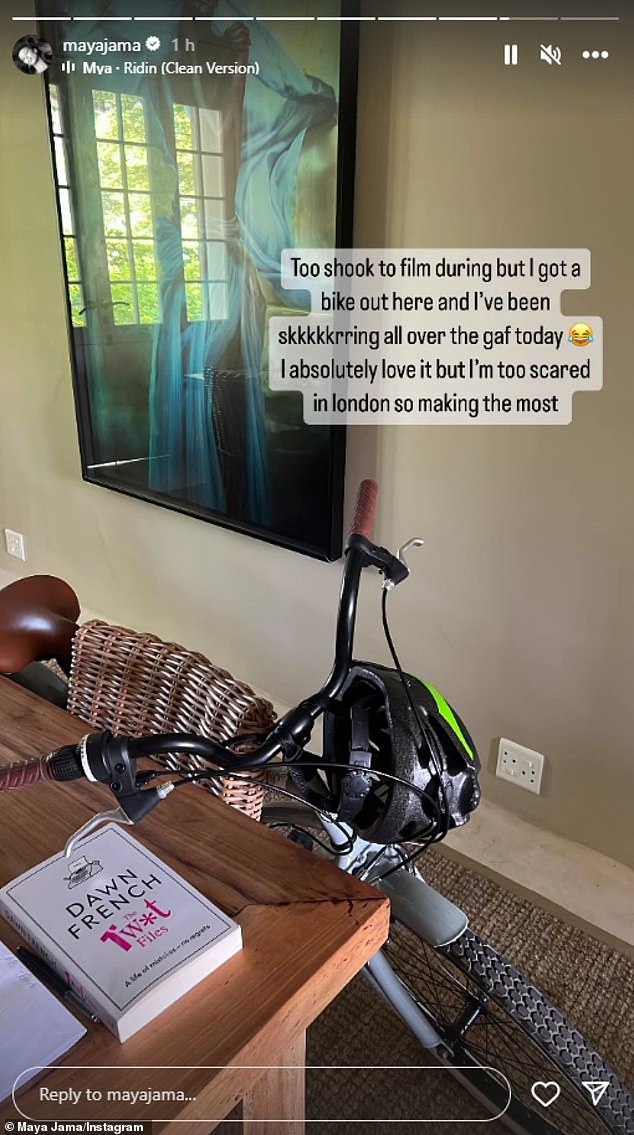 She shared a photo of her bike and helmet on her Instagram Stories and said she was thrilled to be able to go for a ride abroad as she found it too scary to cycle in London.