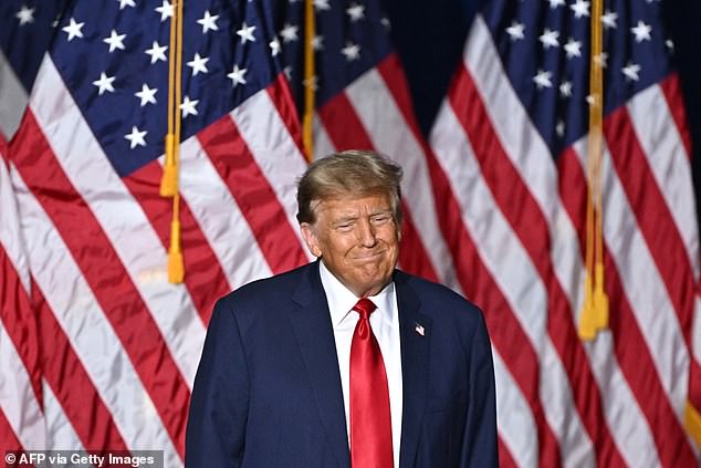 Former U.S. President and Republican presidential candidate Donald Trump attends a watch party during the Iowa Republican presidential caucuses in Des Moines, Iowa, on January 15, 2024