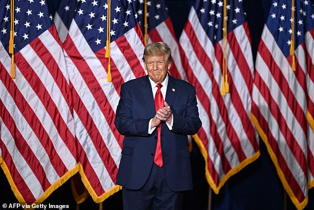 Former President Donald Trump addresses supporters in Iowa on Monday evening after defeating his Republican rivals by about 30 points in the Iowa caucuses