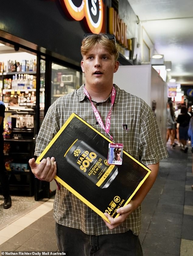 Hard Solo was a huge hit at last year's Schoolies celebrations on the Gold Coast.  Schoolie Lucas, above, with a large crate