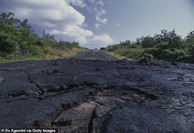 Hawaii ranks as the third worst state for road conditions in the US.  Pictured: Solidified lava next to Chain Craters Road in Hawaii Volcanoes National Park