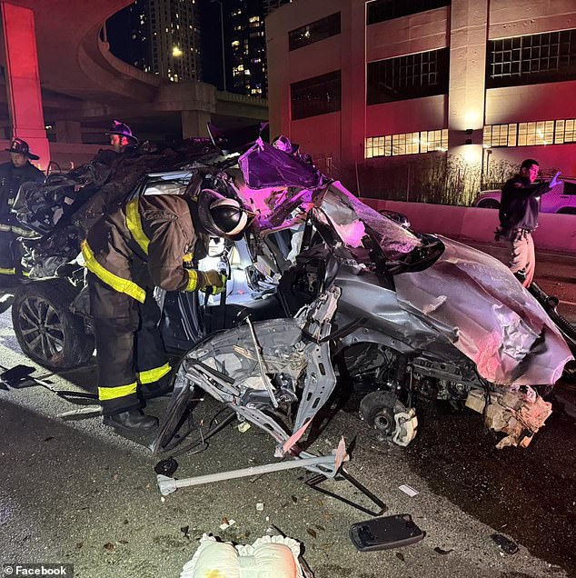 A Toyota Corolla veered off a San Francisco overpass Sunday night, crashed into a nearby building and fell to the ground