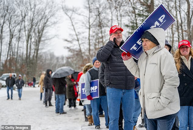 Hundreds of people braved freezing temperatures and a snowstorm to line up for Trump in Atkinson, New Hampshire, on Tuesday evening