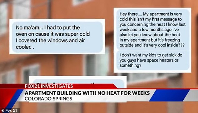 One of the tenants shared a text message with the leasing office, stating: 'My apartment is very cold.  This is not my first message to you about the heat I know last week'