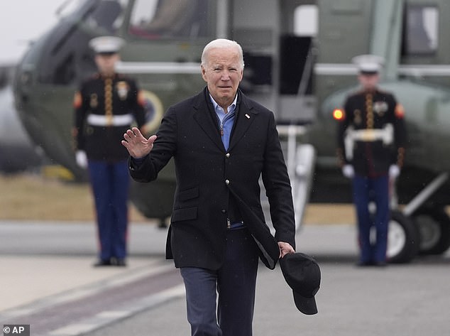 President Joe Biden waves as he arrives at Hagerstown Regional Airport on Monday to volunteer in Philadelphia to mark Martin Luther King Jr. Day.  The president is trailing in national polls behind former President Donald Trump, Florida Governor Ron DeSantis and ex-Amb.  Nikki Haley