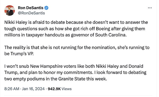Florida Governor Ron DeSantis responded an hour later, saying Haley was 