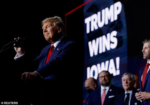 Former President Donald Trump delivers a victory speech Monday evening in downtown Des Moines, Iowa.  Trump easily won the Iowa caucuses over DeSantis and Haley, with DeSantis finishing a distant second.  DeSantis had agreed to debate again, but Haley declined