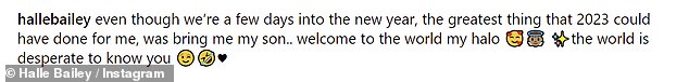 Alongside the heartbreaking breakup, she wrote: 'Even though we're already a few days into the new year, the best thing 2023 could have done for me was bring me my son.. welcome to the world my halo ✨the world wants would like to get to know you'