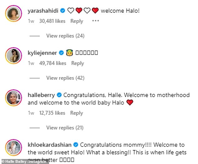 Halle's baby announcement was greeted with a flood of messages from her fans and famous friends, including Halle Berry, Kylie Jenner, Nicki Minaj, Winnie Harlow, Khloe Kardashian, Rachel Zegler and Cynthia Erivo