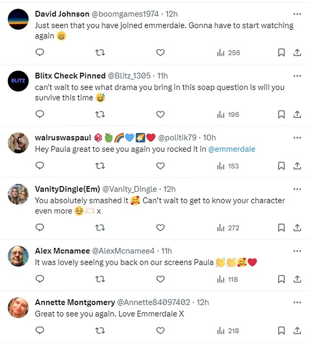 Fans were over the moon to have the star back in the land of soaps, responding to Paula's post with their words of support