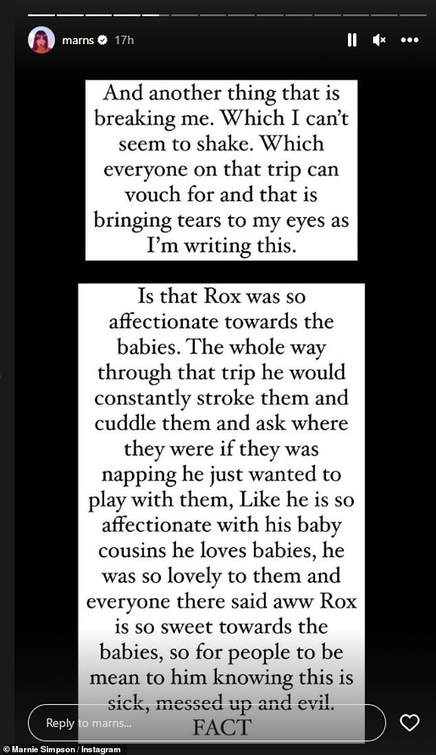 Marnie said: Rox was so affectionate with the babies.  Throughout the journey he constantly petted and cuddled them and asked where they were.'