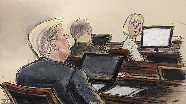 In this courtroom sketch, E. Jean Carroll (right) turns to former President Donald Trump