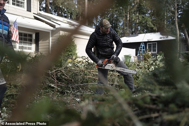 Justin Brooks works to clear trees that have fallen around his Lake Oswego home on Tuesday, January 16, 2024, as the area prepares for freezing rain and heavy snow