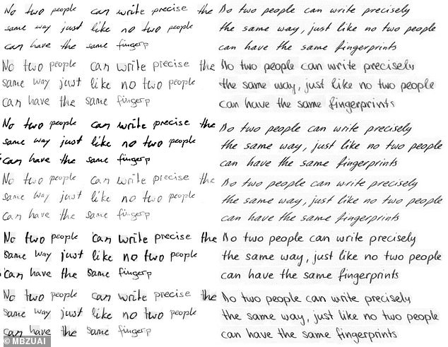 Two more writing columns, both generated by other AIs: GANwriting on the left and Davis et al (2020) on the right.  In the survey, the majority of people preferred writing HWT over these two