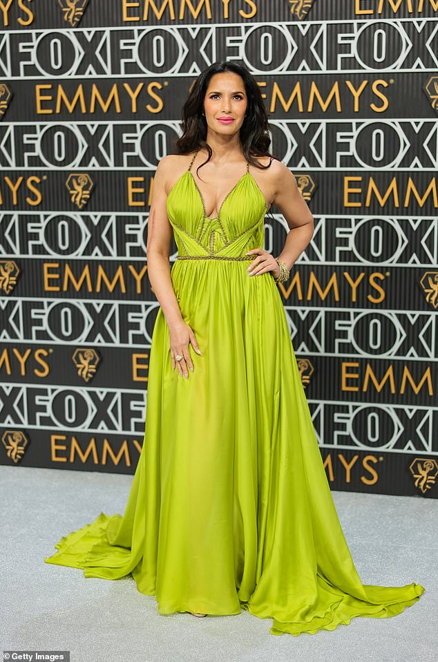 Posing on the red carpet, the 53-year-old model turned heads in a chartreuse-colored dress with a plunging neckline and a flowing, floor-length skirt