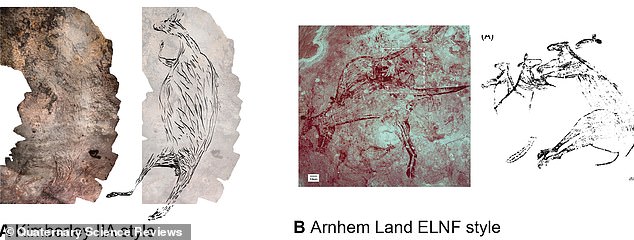 Pictured are similar rock art styles in the Kimberley (left) and Arnhem (right) regions of northern Australia.  It is possible that they were produced by people who were displaced from the North West Shelf when it was flooded