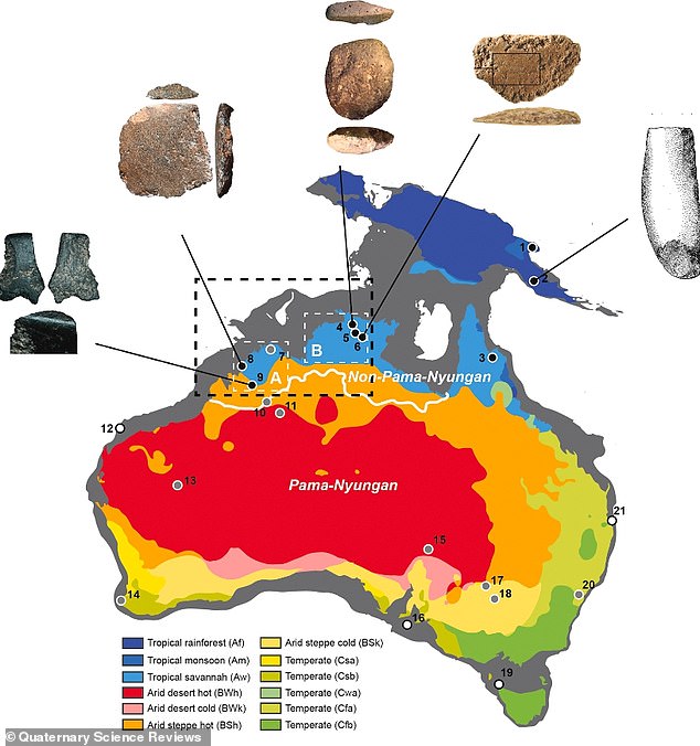 North West Shelf (indicated here by a dotted black box) was probably a 'single cultural zone' with similarities in ground stone ax technology and rock art styles.  Pictured: Early ax technology found in Australia, within and beyond the North West Shelf region