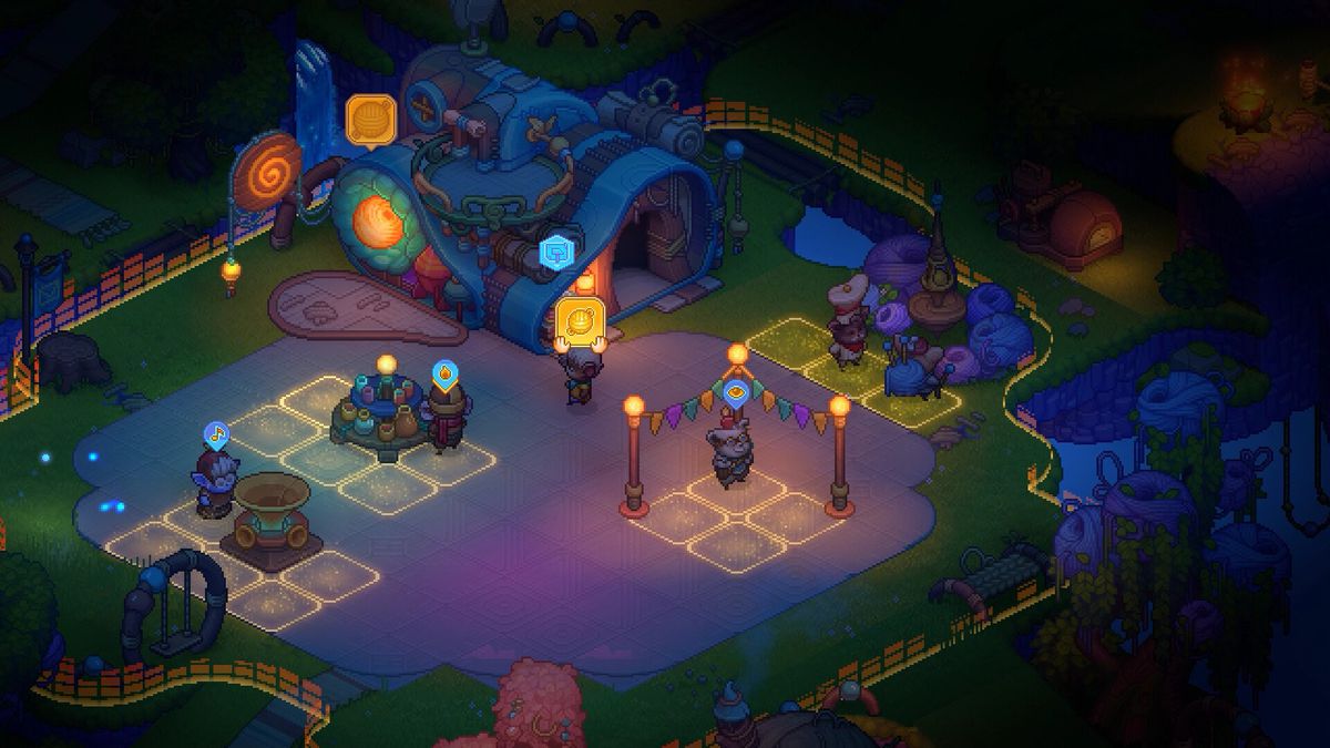 A dark square in Bandle City, lit with lampposts, and parts of the floor closed off for a dance party in Bandle Tale: A League of Legends Story