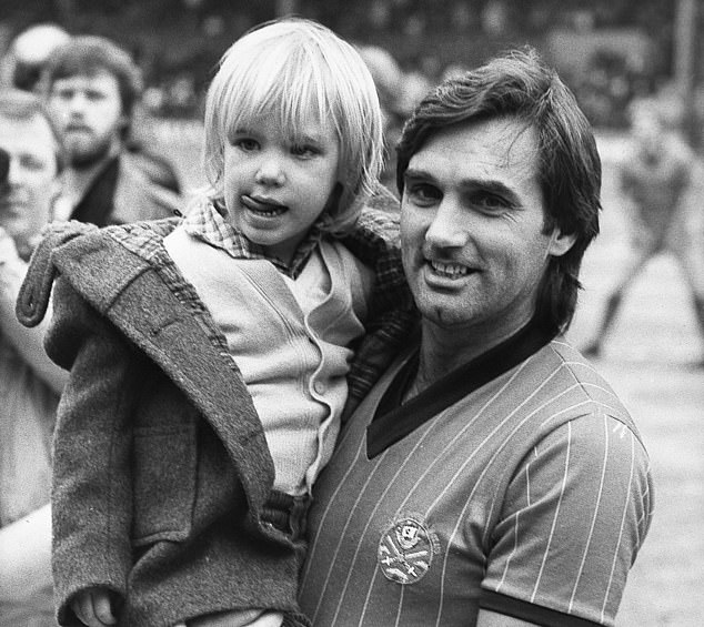 Calum is seen as a young boy who was carried in 1984 by his father George Best, who scored 181 goals in 474 games for Manchester United and was capped 37 times by Northern Ireland.