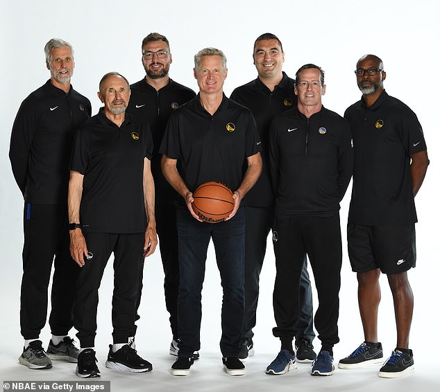 Steve Kerr (holding the ball) and his staff were reportedly hospitalized in Salt Lake City after Dejan Milojevic (back row, center right) suffered a medical emergency at a restaurant