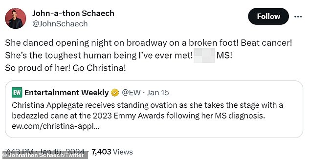 Johnathon also tweeted on Monday: “She danced on opening night on Broadway with a broken foot!  Defeat (breast) cancer!  She is the toughest person I have ever met!  F*** MS!  So proud of her!  Go Christina!'