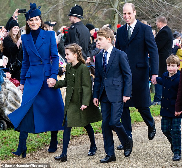 Kate, Charlotte, George, William and Louis at the service on Christmas Day 2023 at Sandringham