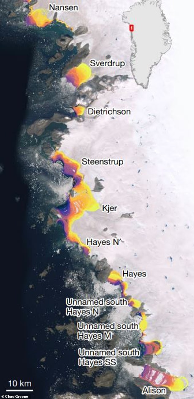 All along the Greenland Ice Sheet, glaciers are moving backward from their older positions (shown in purple) and retreating further inland to their current size (shown in bright yellow)