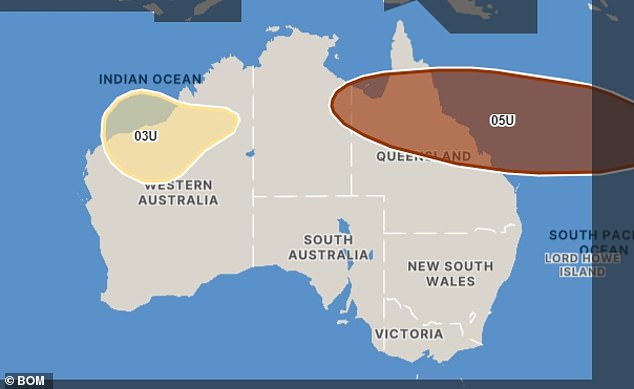 Tropical Low 05U will strengthen on Tuesday and Wednesday before reaching parts of the Queensland coast (photo, map of the cyclone set to hit Queensland next week)