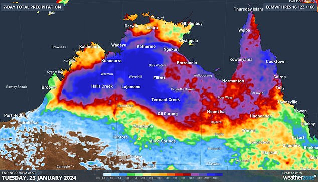 Parts of North Queensland are likely to be drenched in heavy rainfall, with a monsoon trough bringing showers and thunderstorms that will last for several days before a tropical cyclone arrives (pictured shows parts of Queensland and Northern Australia will be flooded appear).  heavy rain)