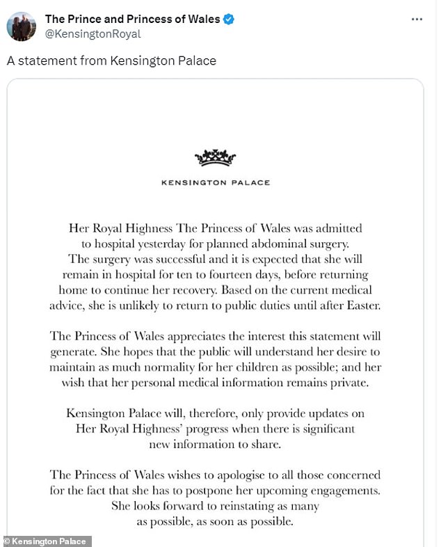 Kensington Palace announced that the Princess of Wales has undergone abdominal surgery