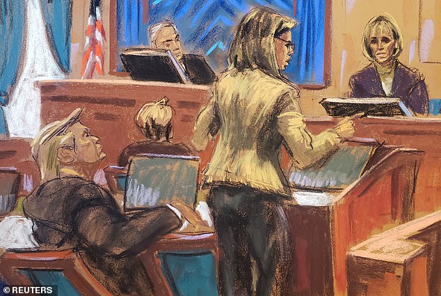 Judge Lewis Kaplan, who has regularly put down the lawyer (center of the stand) in the courtroom, quickly denied her request after columnist Carroll admitted that she deleted emails after suing Trump.