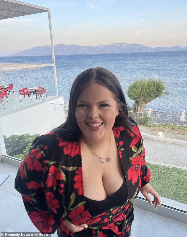 The 23-year-old suffers from back pain and dents in her shoulders caused by bra straps.  Pictured on holiday in Greece in 2022