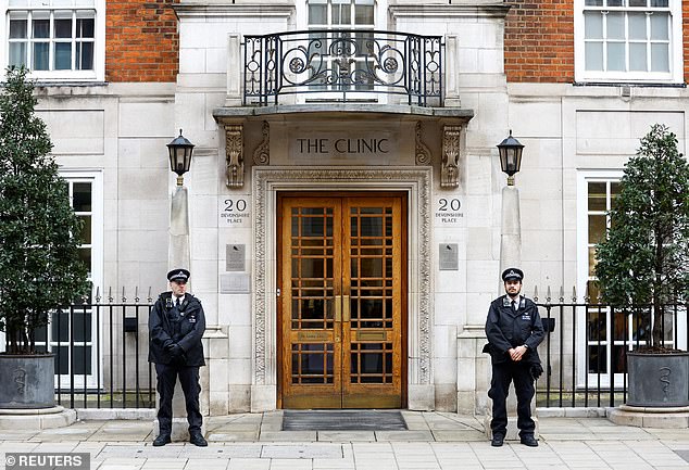 The princess will remain in the private hospital for approximately fourteen days and will be given time to recover at home.  Kate has canceled her planned appointments and foreign trips and is unlikely to resume her public duties until after Easter.  Police officers are pictured outside the London Clinic yesterday