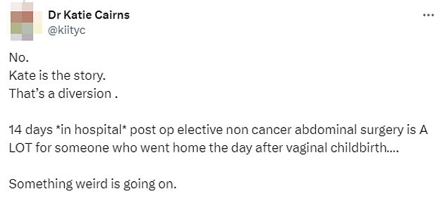 In response to his tweet, Dr Katie Cairns, who claims to be a GP in Belfast, agreed that 'something strange is going on' and accused the Palace of creating 'a distraction'.