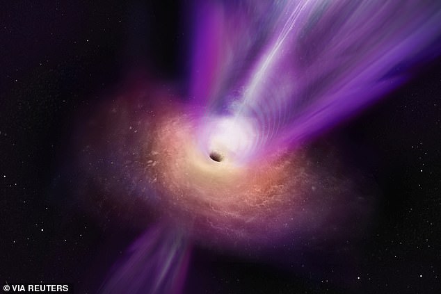 This artist's impression shows what M87 might look like.  A disk of superheated gases revolves around the black hole, while a beam of radiation is projected into space at both poles