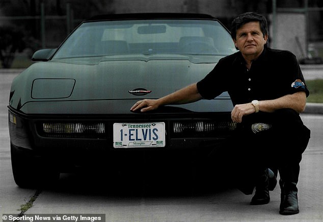 Elvis enthusiast Jerry Glanville shows off the personalized license plate on his Corvette