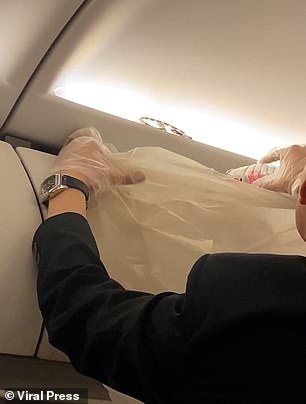 A brave cabin crew member reached for the hose and pushed it into a plastic bag with an empty plastic bottle.