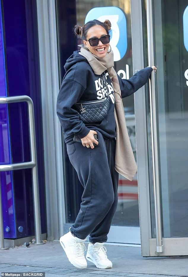 The presenter, 45, rocked a 'Don't Speak To Me' hoodie with matching track pants and a pair of white trainers