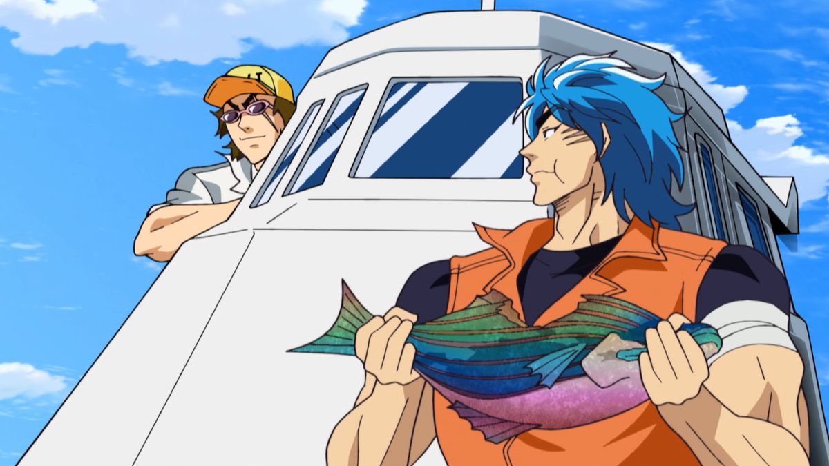 A blue-haired anime man in an orange outfit chews a bite of a rainbow-colored fish aboard a boat, while an anime man in a yellow cap leans out of a window.