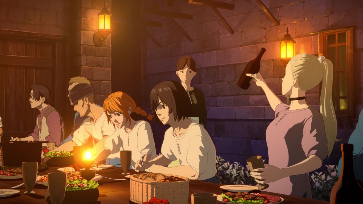 A group of anime characters sitting at a table and eating in Drifting Dragons.