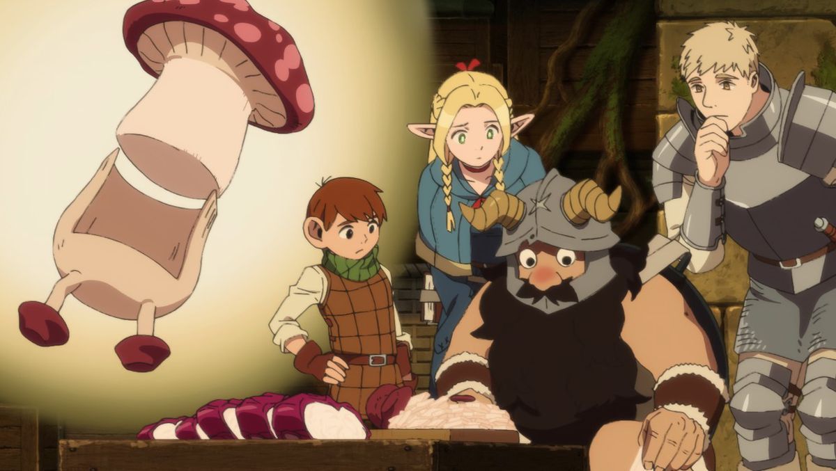 A group of adventurers in various outfits and armor dissect a mushroom monster to cook in Delicious in Dungeon.