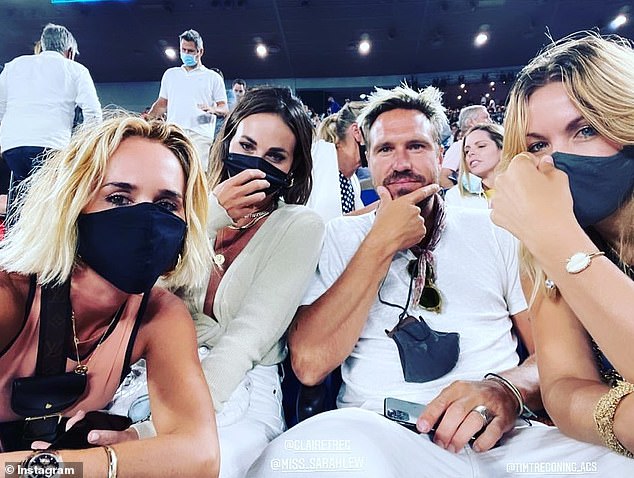 PE Nation at the Australian Open 2021: Claire Tregoning is pictured on the right, next to her husband Tim.  Pip Edwards is on the left